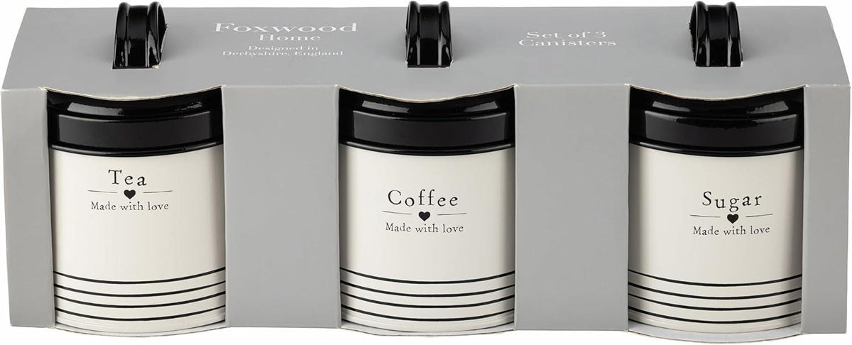 Made with Love Tea Coffee Sugar Canister Set of 3 | Steel Storage Tins | Black & White | Heart Design | Easy-Pull Lid | 13cm | Kitchen Gift