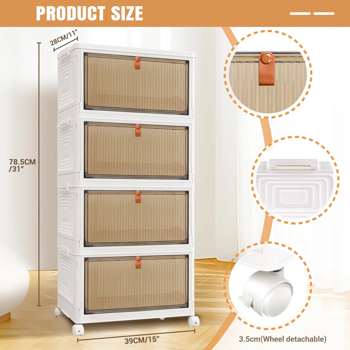 3/4/5-Tier Storage Boxes with Lid, Plastic Storage Boxes with 4 Universal Wheels, Organiser for Bedroom Living Room Study Office