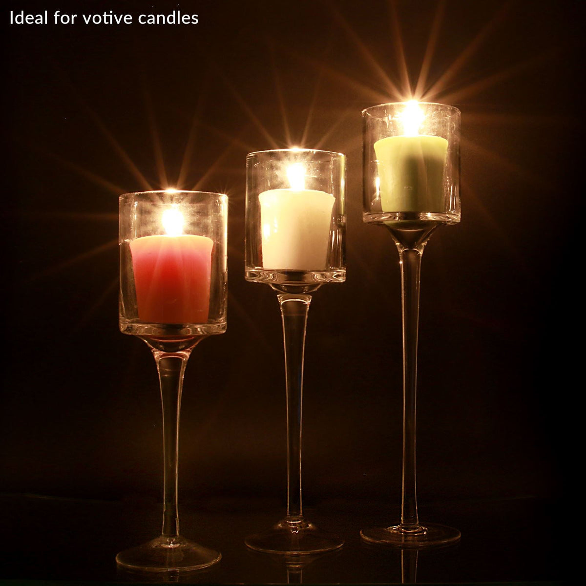 Maison & White Set of 3 Glass Tea Light Candle Holders | Stepped Heights 20cm 23cm 26cm | 6cm Diameter | Fits Tea Lights LED Candles | Dinner Table Wedding Fireplace | 2-Year Warranty