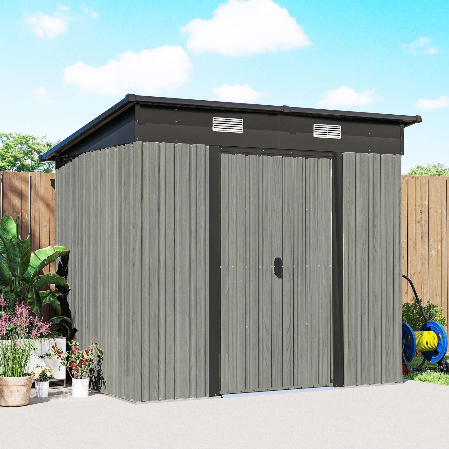 7x4ft Lean-To Metal Garden Shed | Corrugated Galvanised Steel | Sloped Roof | Sliding Door | 2 Front Vents | Foundation Kit Included | 203x130x182cm | Light Grey