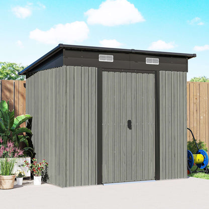 7x4ft Lean-To Metal Garden Shed | Corrugated Galvanised Steel | Sloped Roof | Sliding Door | 2 Front Vents | Foundation Kit Included | 203x130x182cm | Light Grey