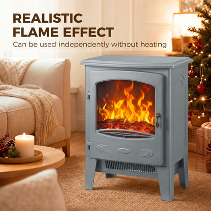 Freestanding Electric Fireplace Stove | Red LED Flame | 1000W/2000W | Forced-Air Fan | Grey