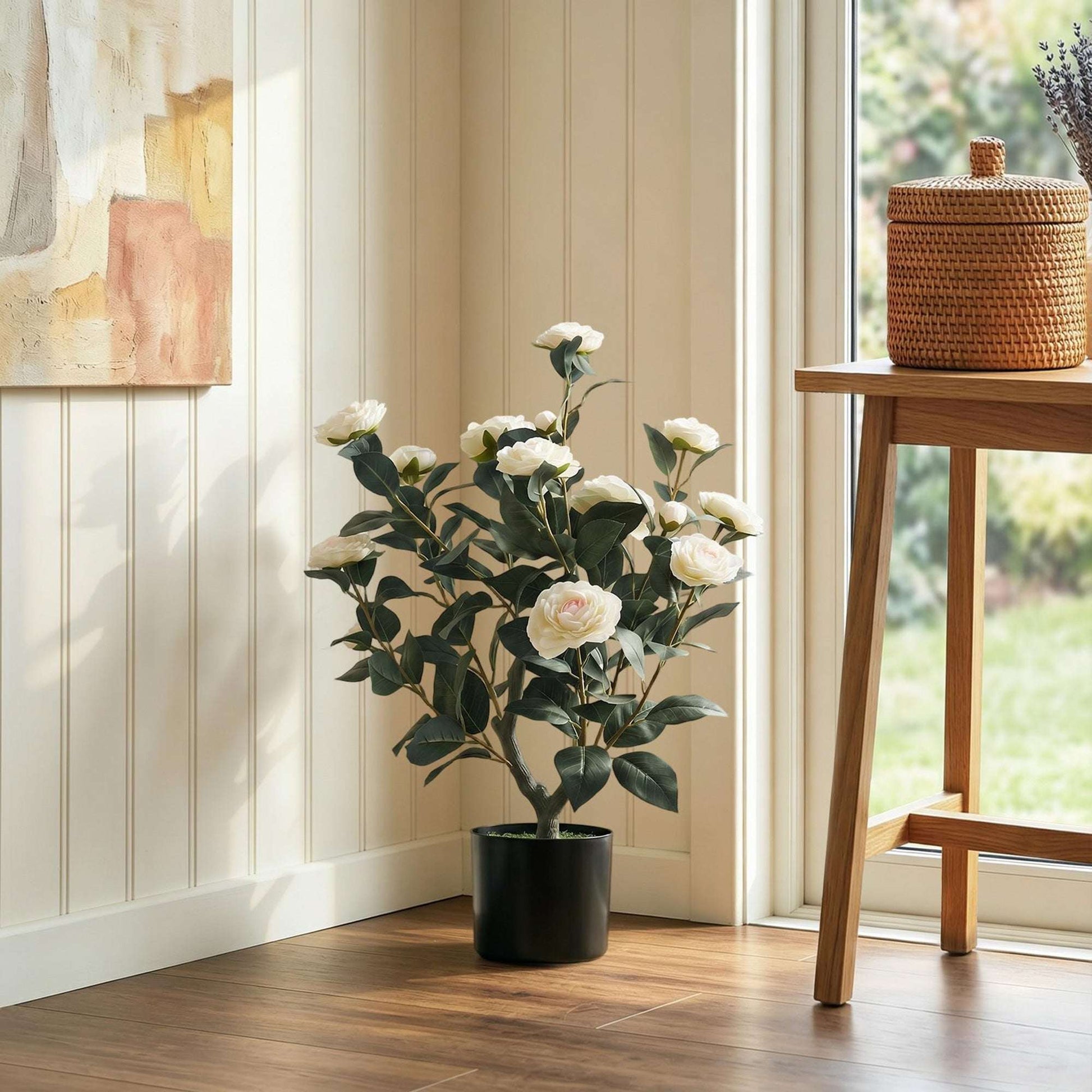 Artificial Camellia Flower Plant | 65cm | 116 PEVA Leaves | Silk Blossoms | Shapeable | Moss Effect Cement Pot | No Maintenance | White