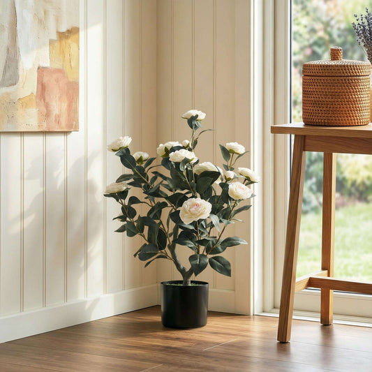 Artificial Camellia Flower Plant | 65cm | 116 PEVA Leaves | Silk Blossoms | Shapeable | Moss Effect Cement Pot | No Maintenance | White
