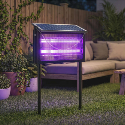 Solar Bug Zapper Outdoor | 3500V Electric Grid | UVA LED | Dusk-to-Dawn Auto | Solar & USB Charging | 80-100m² Coverage | Stake, Hang or Table | 4.3m Cord | 45x18x90cm | Black