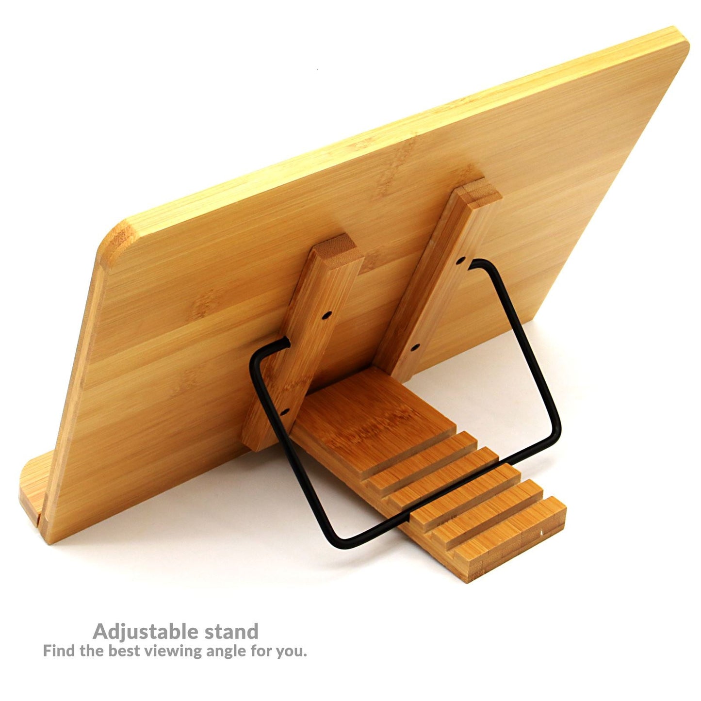 Bamboo Recipe Book Stand | Adjustable & Foldable | 2 Metal Page Holders | Tablet Rest | Water-Resistant | 33.5x24x4.4cm | 2-Year Warranty