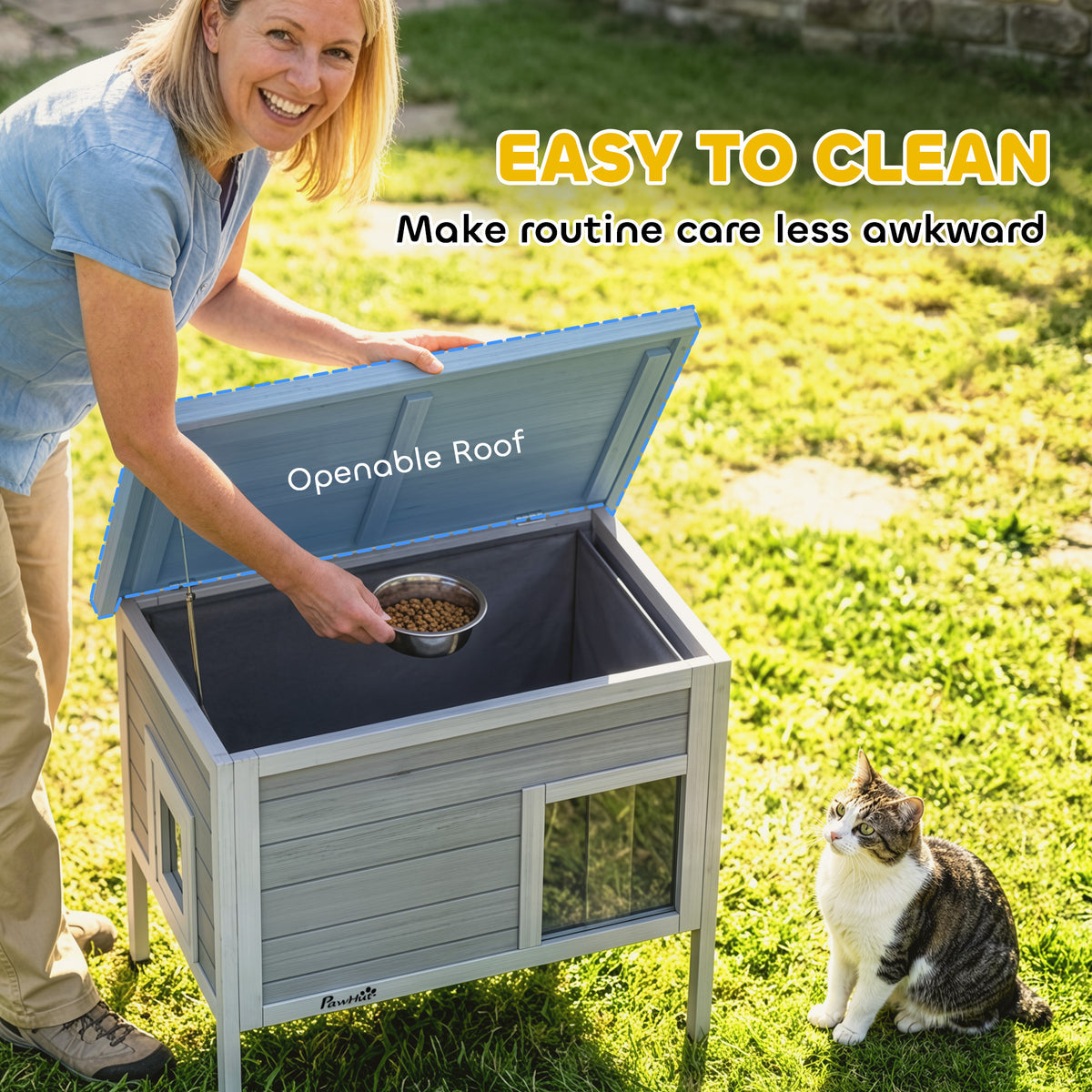 Insulated Outdoor Cat House with Removable Liner | Waterproof Asphalt Roof | 21cm Raised Base | Escape Door | Opening Roof | PVC Door Curtain | Fir Wood | For Cats Up To 6kg | 68x50x65cm | Dark Grey