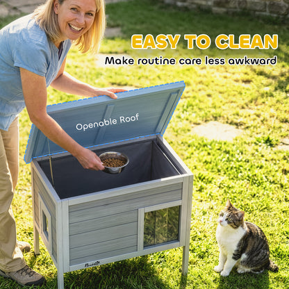 Insulated Outdoor Cat House with Removable Liner | Waterproof Asphalt Roof | 21cm Raised Base | Escape Door | Opening Roof | PVC Door Curtain | Fir Wood | For Cats Up To 6kg | 68x50x65cm | Dark Grey