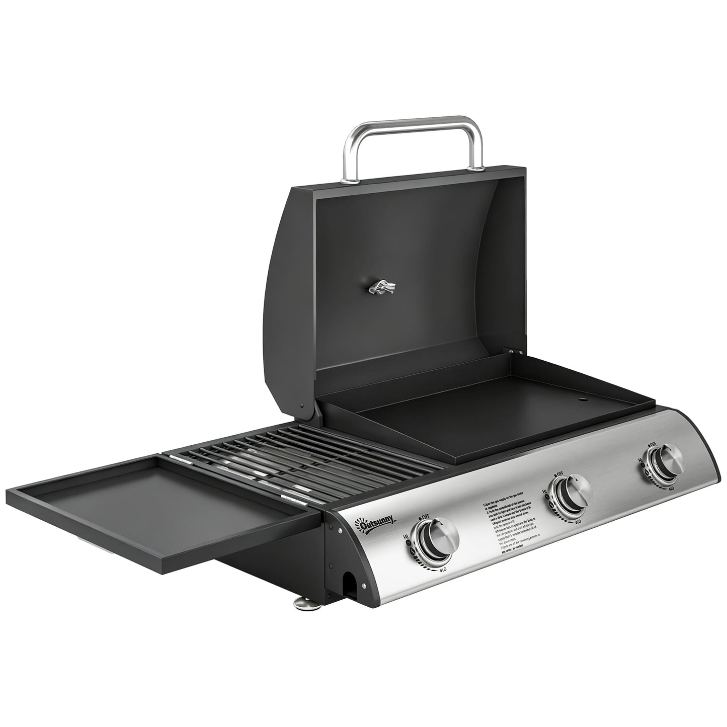 3 Burner Portable Gas Plancha BBQ Grill | 8.1kW | 2224cm² | Grill & Griddle | Thermometer | Side Shelf | Grease Box | LPG/Propane | 77x47x27cm | Black