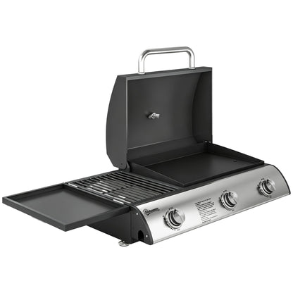 3 Burner Portable Gas Plancha BBQ Grill | 8.1kW | 2224cm² | Grill & Griddle | Thermometer | Side Shelf | Grease Box | LPG/Propane | 77x47x27cm | Black