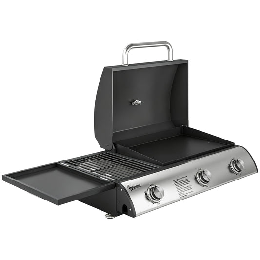 3 Burner Portable Gas Plancha BBQ Grill | 8.1kW | 2224cm² | Grill & Griddle | Thermometer | Side Shelf | Grease Box | LPG/Propane | 77x47x27cm | Black