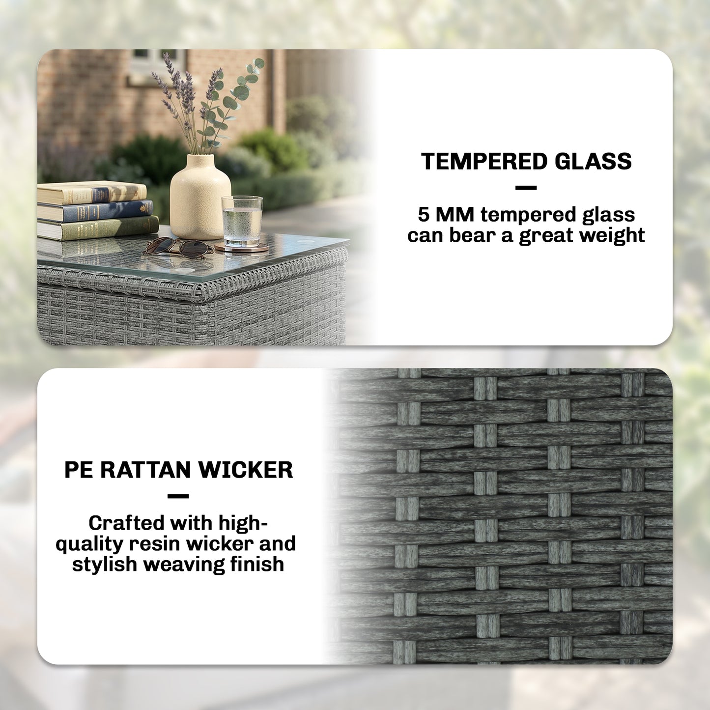 3-Piece Rattan Bistro Set | 2 Chairs, Glass Table & Cover | 10cm Cushions | EN-581 | Light Grey
