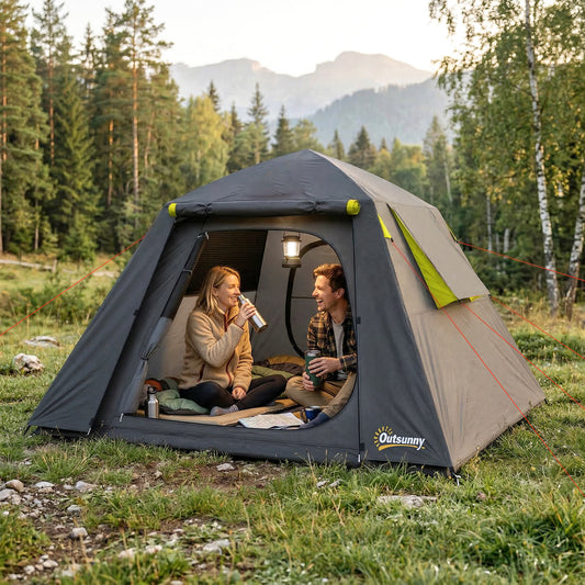 2-Person Camping Tent | 3000mm Waterproof | 190T Polyester | 2 Doors & 2 Windows | Fibreglass Poles | Grey & Green