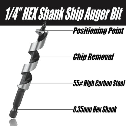 Wood Drill Bit Set with 5/6/8/10/12mm Ship Auger Design, 1/4'' Quick Change Shank, HCS for Soft & Hard Wood 