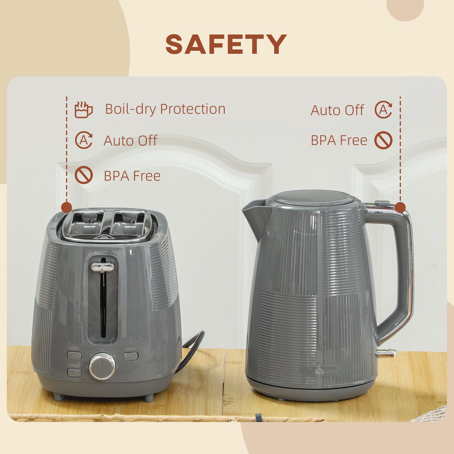 Kettle and Toaster Set, 1.7L 3000W Fast Boil Kettle & 2 Slice Toaster Kitchen Set with 7 Level Browning Controls, Defrost, Reheat, Boil, Grey