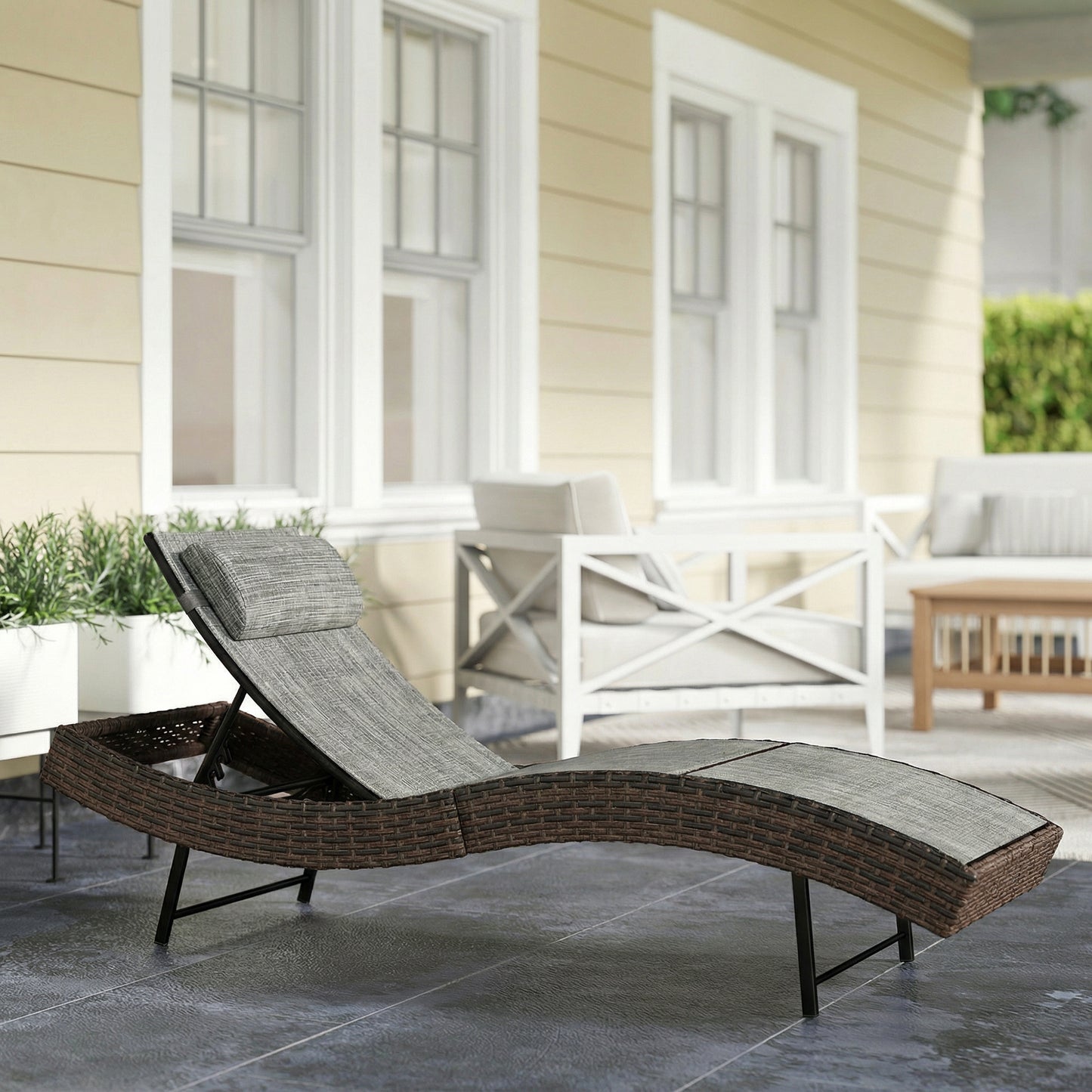 Rattan Sun Lounger | S-Curve Ergonomic Texteline Seat | 5 Position Adjustable Backrest | Headrest | All-Weather PE Rattan | Powder-Coated Frame | 198x60x44cm | 120kg | Brown