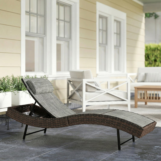 Rattan Sun Lounger | S-Curve Ergonomic Texteline Seat | 5 Position Adjustable Backrest | Headrest | All-Weather PE Rattan | Powder-Coated Frame | 198x60x44cm | 120kg | Brown