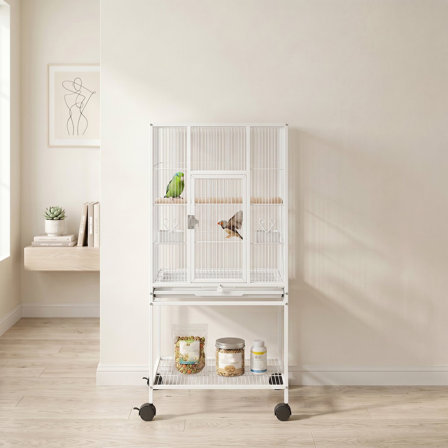 PawHut Bird Cage with Rolling Stand | Storage Shelf | Slide-Out Tray | 4 Feeder Doors | 2 Perches & Feeders | White