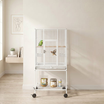 PawHut Bird Cage with Rolling Stand | Storage Shelf | Slide-Out Tray | 4 Feeder Doors | 2 Perches & Feeders | White