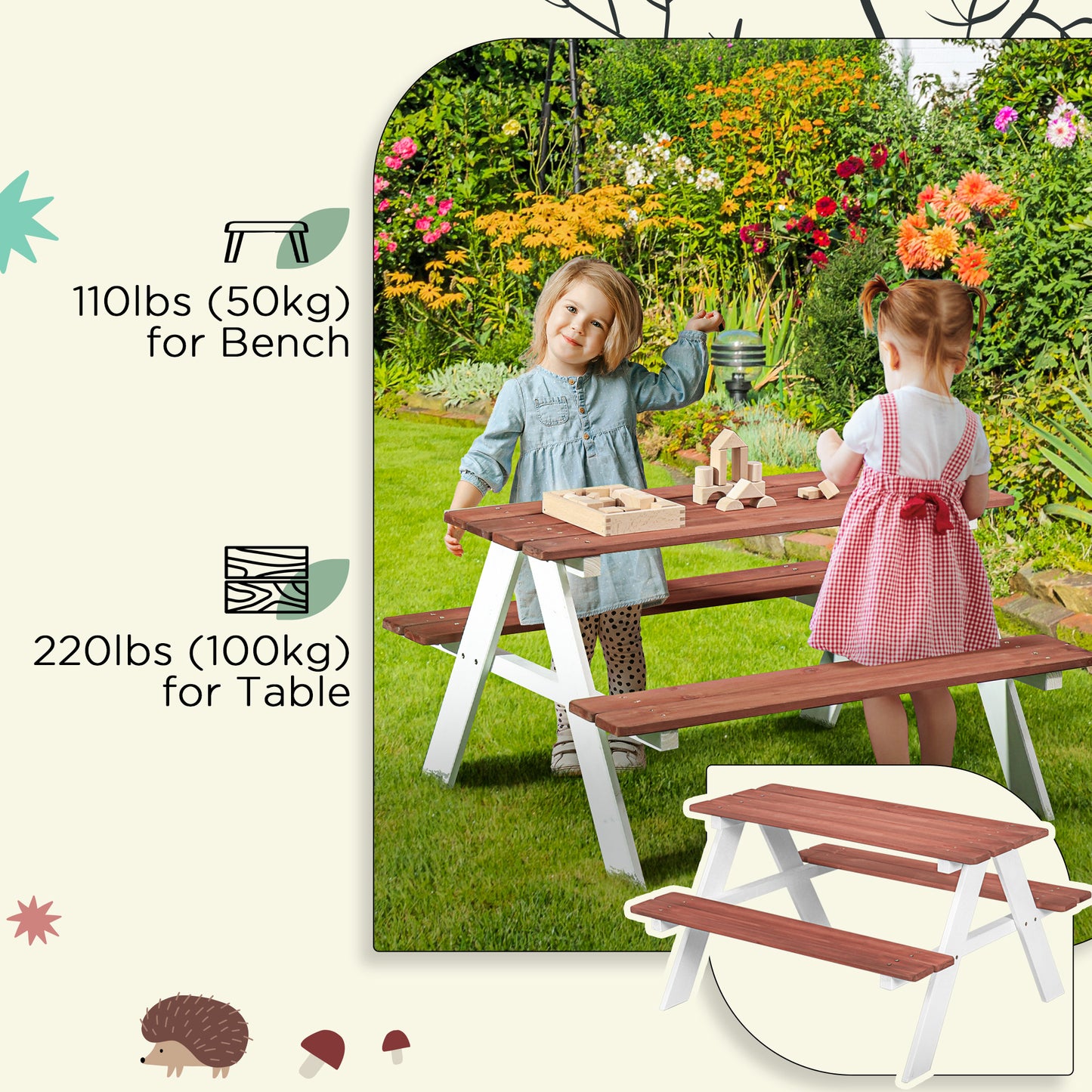 Kids Wooden Picnic Table & Bench Set | Ages 3-8 | EN71 Tested | Weatherproof | Brown