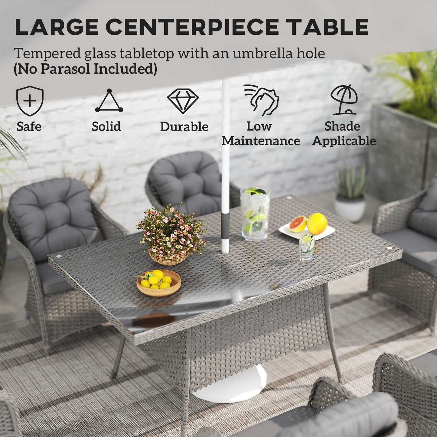 6 Seater Outdoor Garden Furniture Dining Set with Seat and Back Cushions, PE Rattan Table and Chairs, Rectangular Glass Top Table