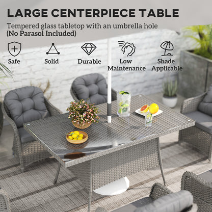 6 Seater Outdoor Garden Furniture Dining Set with Seat and Back Cushions, PE Rattan Table and Chairs, Rectangular Glass Top Table