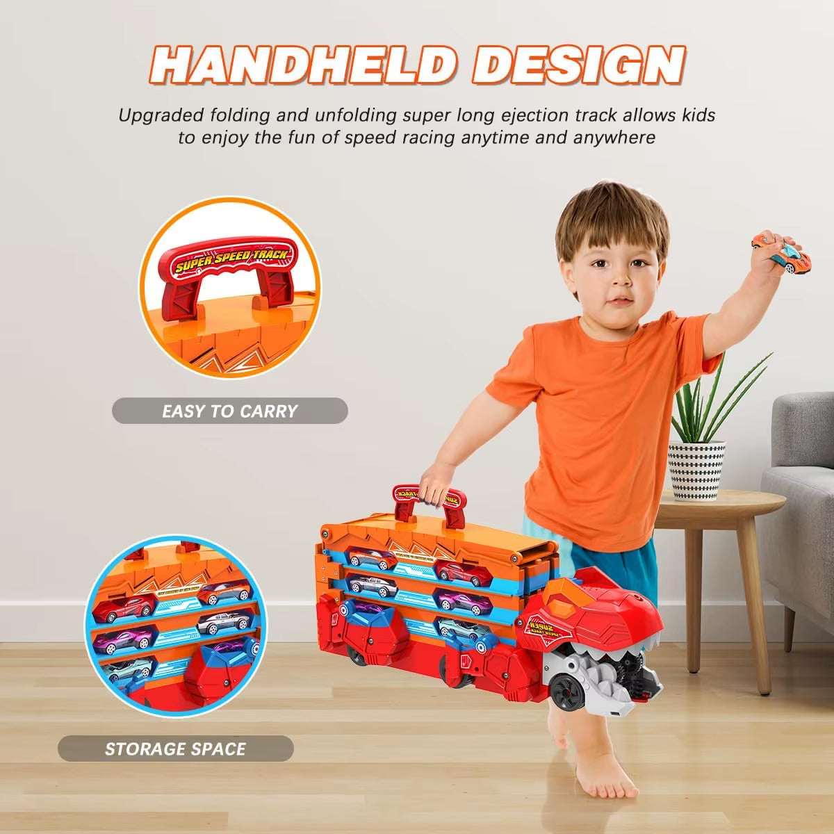 Dinosaur 3-In-1 Transport Truck Car Toys for Boys Age 3+ 8 Race Cars Ejection Folding Portable Track Toy with Sound for Kids