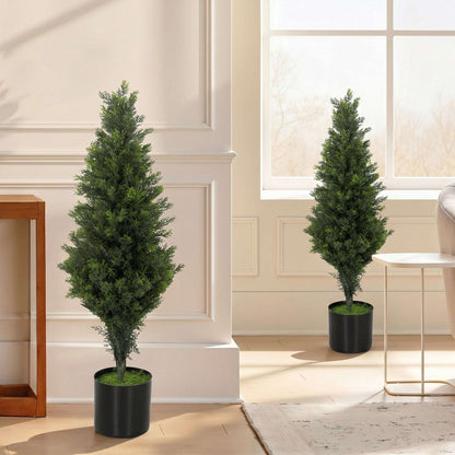 Set of 2 Artificial Cypress Trees | 90cm | 564 PE Leaves | Shapeable Branches | Cement Base | No Maintenance | Green