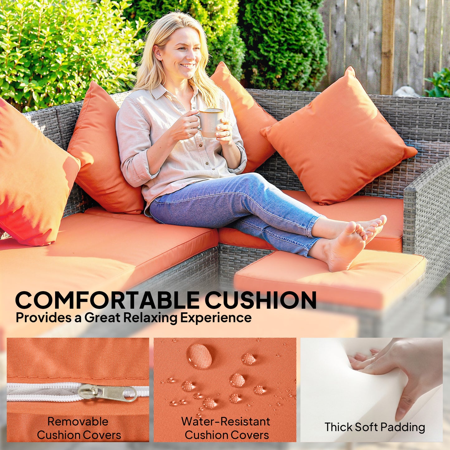 6-Seater Rattan Garden Dining Set | Sofa & Loveseat | 2 Footstools | Glass Table | Zip Cushions | 5 Pillows | 160kg | Orange