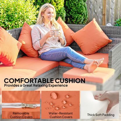 6-Seater Rattan Garden Dining Set | Sofa & Loveseat | 2 Footstools | Glass Table | Zip Cushions | 5 Pillows | 160kg | Orange