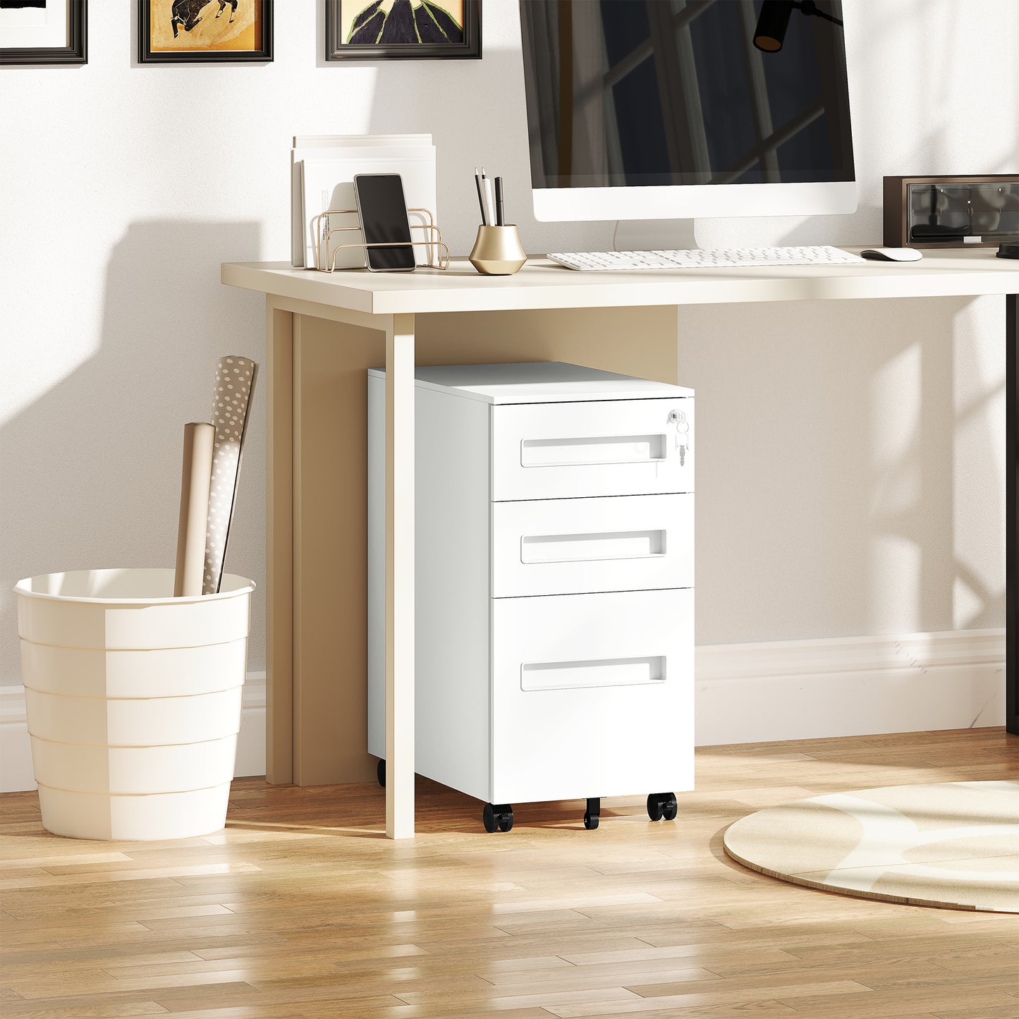 3 Drawer Slim Mobile Steel Filing Cabinet | Under Desk | 30x43.5x60cm | Lockable | A4 Legal Letter | 3 Compartment Pencil Tray | 4 Wheels | Pre-Assembled | 30kg | White
