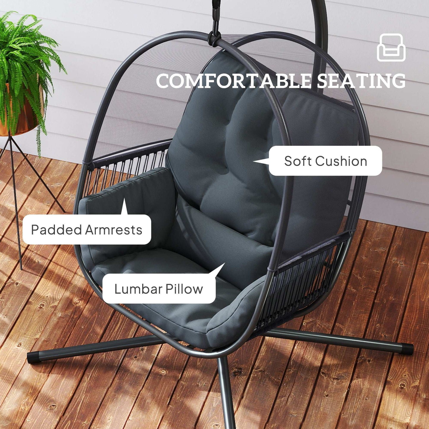 Hanging Egg Chair Outdoor Indoor, Swing Hammock Chair with Stand, Cushions, Lumbar Pillow, Adjustable Height and Steel Frame for Garden Patio