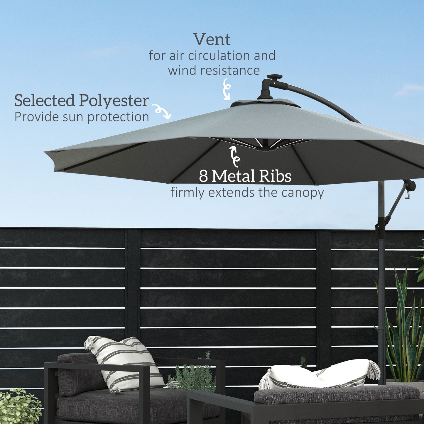 3(m) Cantilever Parasol with Solar LED Lights, Garden Umbrella with Cross Base and Crank Handle, Hanging Offset Banana Sun Shade for Outdoor, Patio