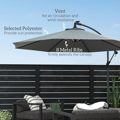 3(m) Cantilever Parasol with Solar LED Lights, Garden Umbrella with Cross Base and Crank Handle, Hanging Offset Banana Sun Shade for Outdoor, Patio