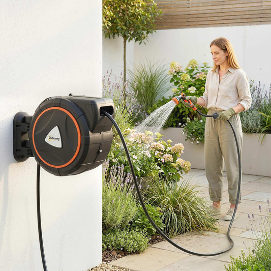 23+2m Retractable Garden Hose Reel | Auto-Retract & Self-Locking Slow Rewind | Wall-Mount or Portable | 2 Nozzles 12 Spray Modes | 120 PSI | UV & Corrosion-Resistant PP | 55x31x50cm | Orange