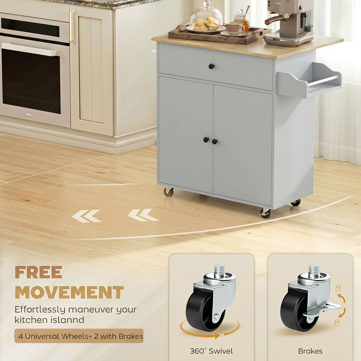 Kitchen Island Trolley with Drop-Leaf | Drawer | Cabinet & 3-Level Shelf | Spice Rack | Towel Rack | 4 Wheels 2 Brakes | Melamine Top | 50kg Total | 106x42x87cm | Grey / Black