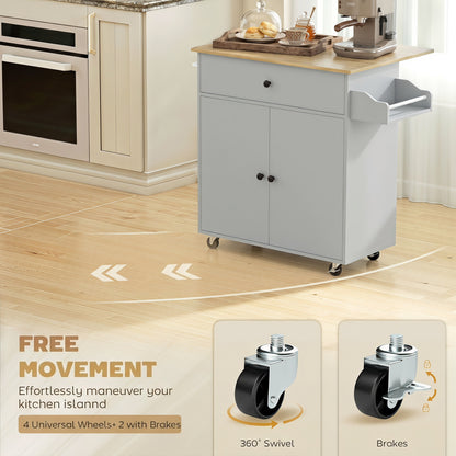 Kitchen Island Trolley with Drop-Leaf | Drawer | Cabinet & 3-Level Shelf | Spice Rack | Towel Rack | 4 Wheels 2 Brakes | Melamine Top | 50kg Total | 106x42x87cm | Grey / Black