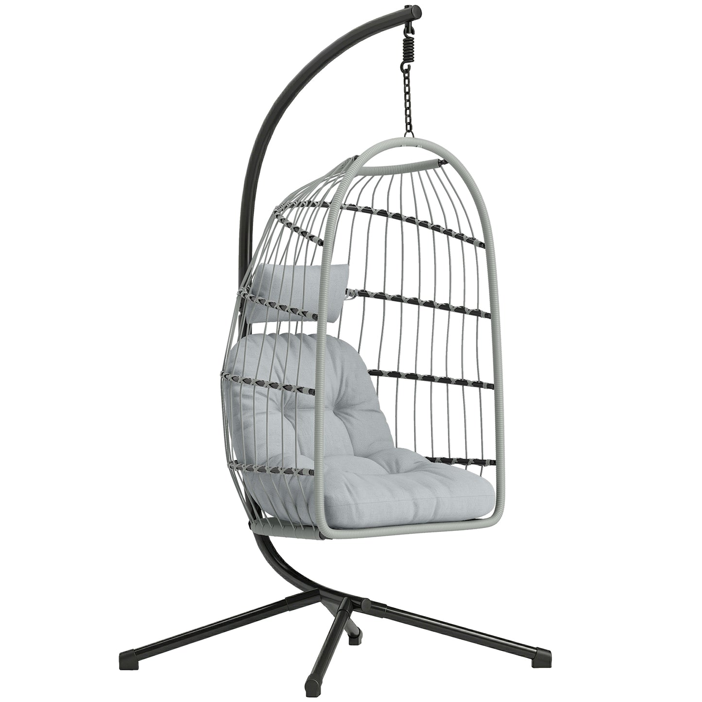Hanging Egg Chair with Stand | 15cm Cushion, Headrest & Safety Strap | Foldable | 120kg | Light Grey