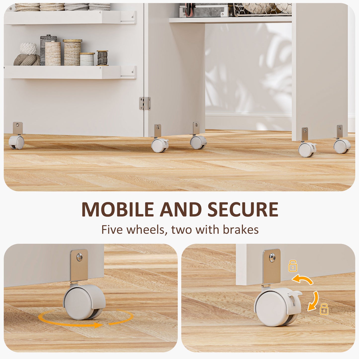 Folding Sewing Table, Drop Leaf Craft Table with Storage Bins, Open Shelf and Wheels, Rolling Sewing Machine Cabinet for Small Space