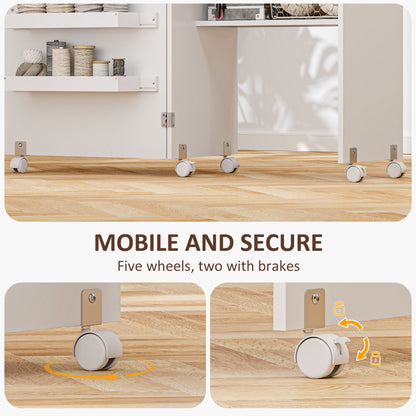 Folding Sewing Table, Drop Leaf Craft Table with Storage Bins, Open Shelf and Wheels, Rolling Sewing Machine Cabinet for Small Space