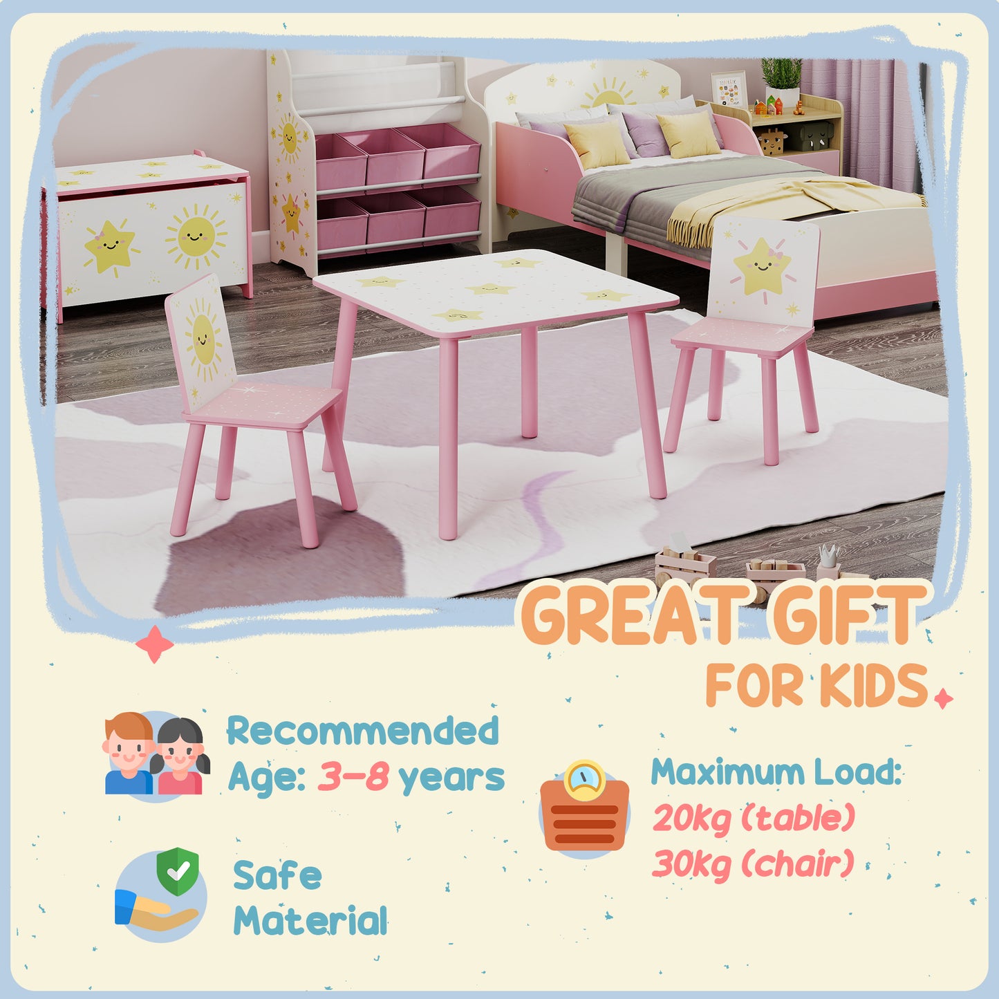 AIYAPLAY 3-Piece Toddler Table and Chair Set, Kids Table with 2 Chairs Set for Bedroom, Nursery, Playroom