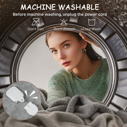 Electric Blanket with Dual Controllers, Machine Washable Heated Throw Blanket with Ultra Soft Flannel Fabric, 5 Heating Levels, 10 Hour Timer, Grey