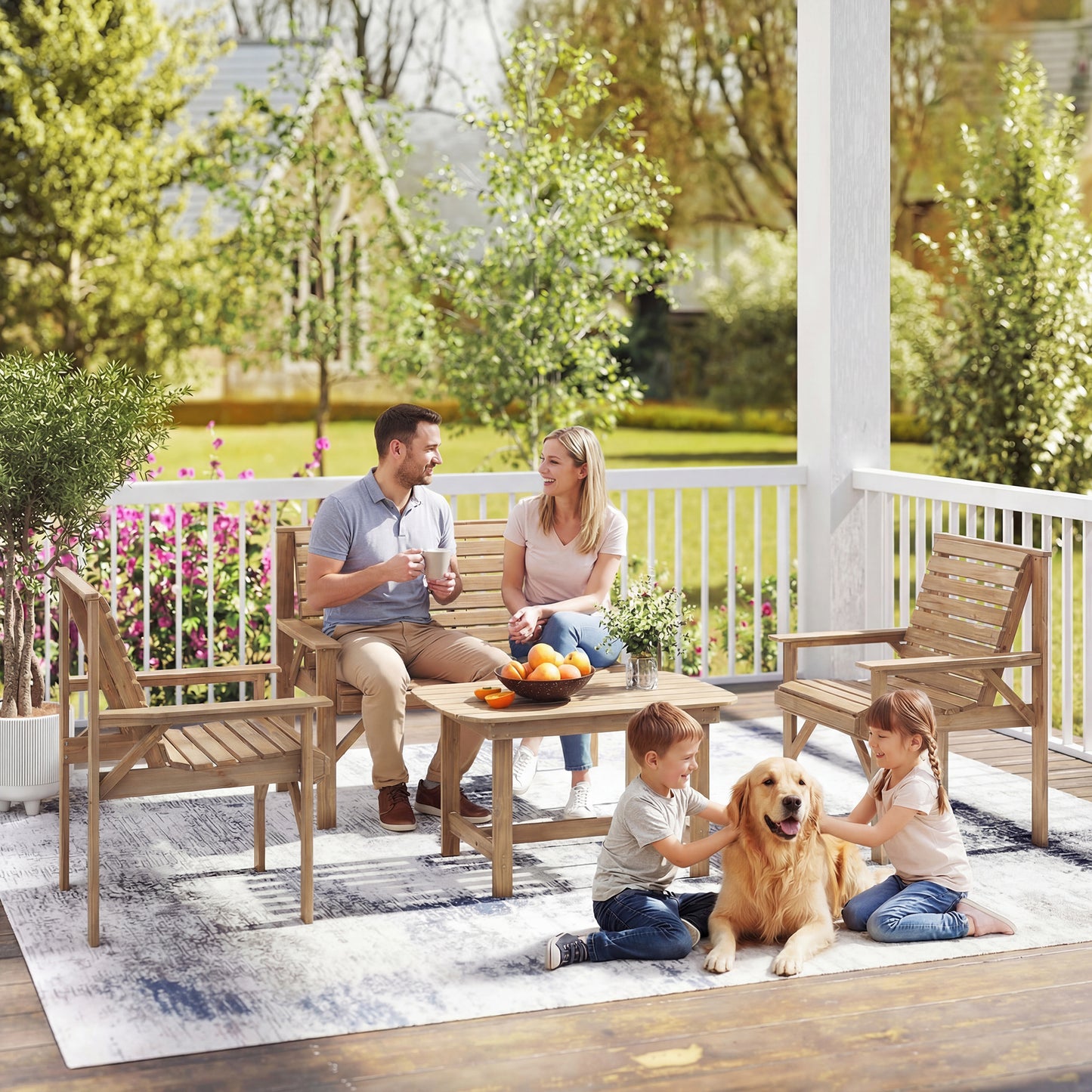 4-Piece Wooden Garden Furniture Set | Loveseat | 2 Armchairs | Coffee Table | Fir Wood | Water-Resistant | Curved Ergonomic Seats | Natural Wood