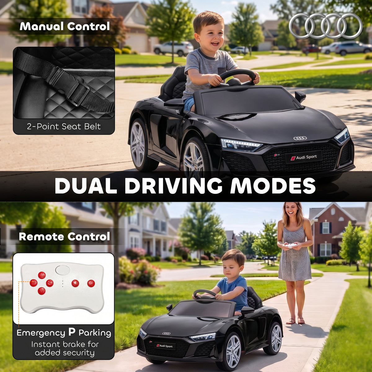 Licensed Audi R8 Spyder 12V Kids Electric Ride-On Car | 2.4G Parent Remote | Dual 12V Motors | Soft Start | Rear Suspension | 2-Point Seatbelt | Music USB Horn | 3-5km/h | 30kg | Ages 3+ | Black / Pink / White