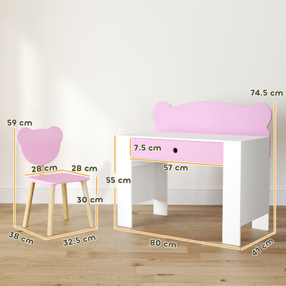 Kids Desk & Chair Set with Drawer – Bear Theme, Easy-Clean Surface, 80cm Desk, For Drawing, Reading & Crafts, Ages 3–8 – Pink