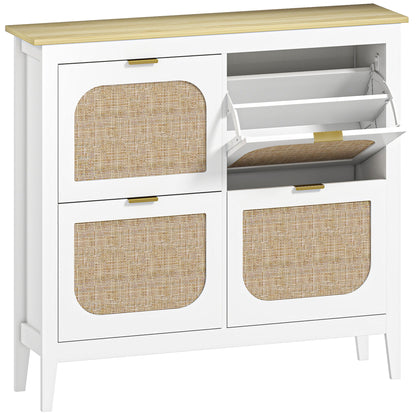 Slim Boho Shoe Cabinet | 4 Flip Drawers | Rattan Doors | Oak-Effect Top | 20 Pairs Up to UK Size 7 | Anti-Tip | 105x24x95.5cm | 50kg | White