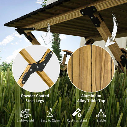 Outsunny Portable Camping Table, Aluminium Folding Table with Roll-Up Top, Picnic Table for Indoor, Outdoor, Party, BBQ, Beach, Natural Wood Effect