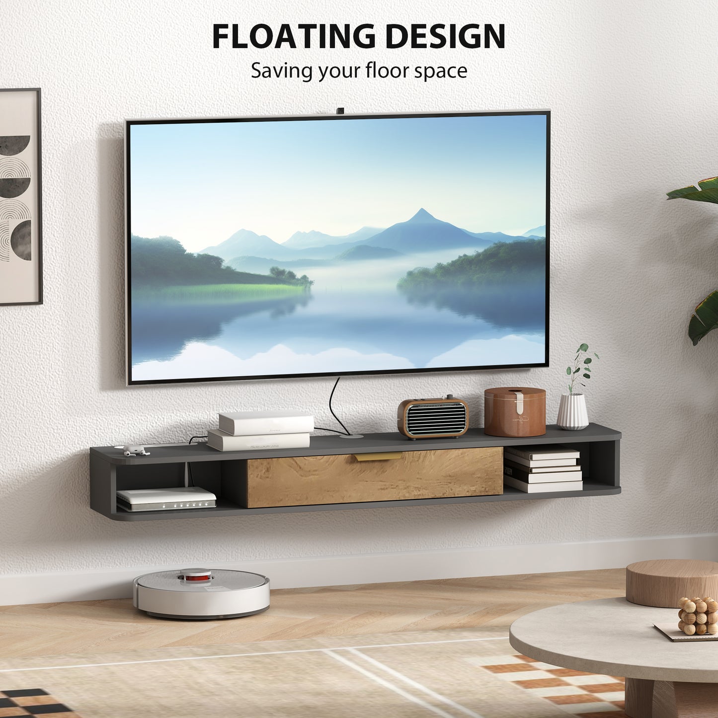 140 cm Floating TV Stand with Storage - Charcoal Grey