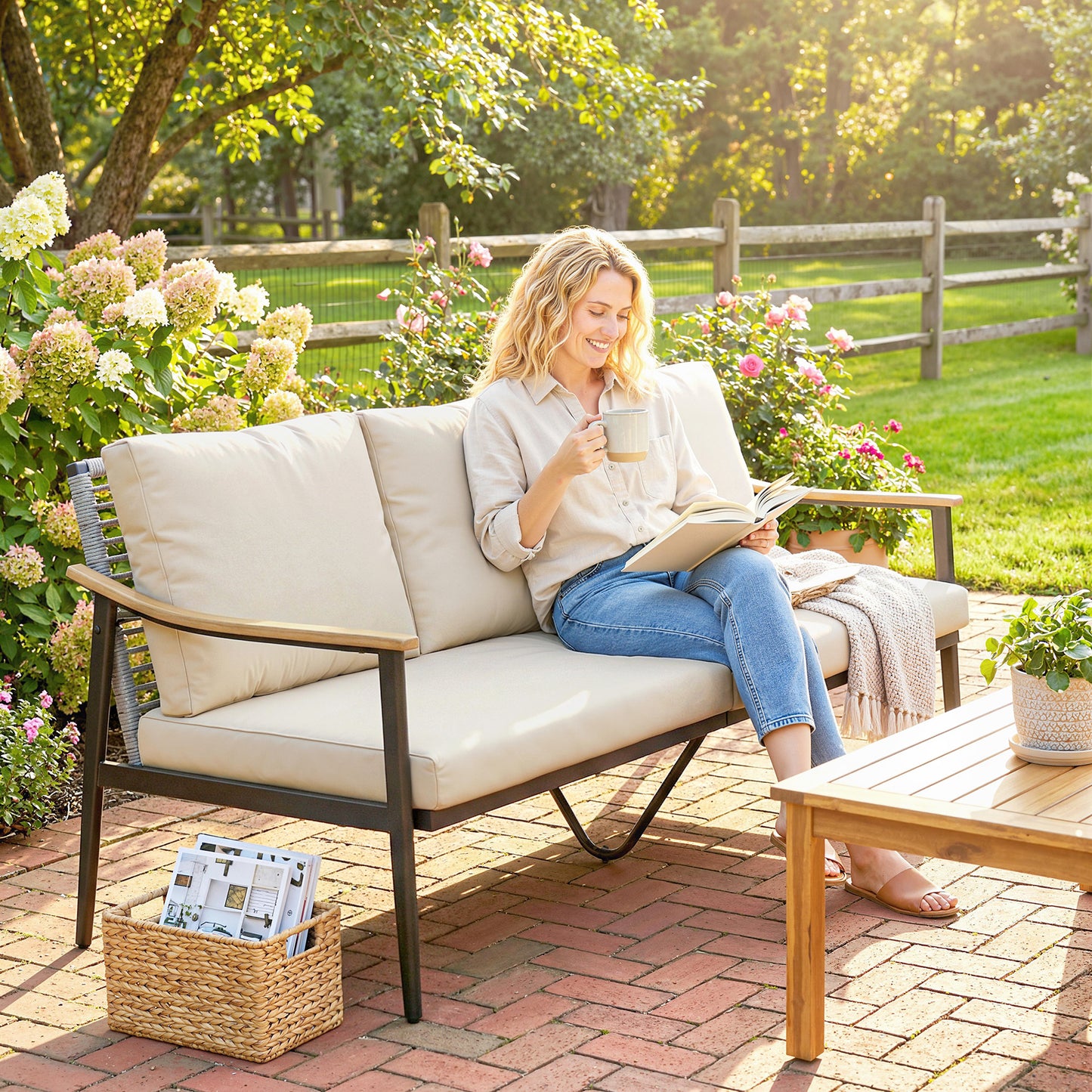 3 Seater Rattan Garden Sofa | Wood-Effect Armrests | Cut-Out PE Wicker Backrest | 8cm Seat & 12cm Back Cushions | Tapered Legs | Steel Frame | 360kg | 176x75x78cm | Khaki