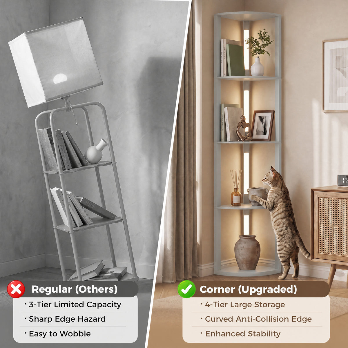 Corner Floor Lamp with 4-Tier Shelving | Grey MDF Plastic | 41x29.5x163.5cm | 3000K Warm White LED | 1530lm | 3-Level Brightness | Foot Switch | 25000hrs | 8kg